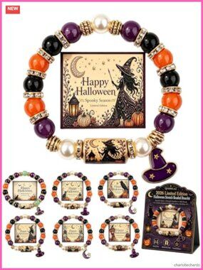 Halloween Black Cat Pumpkin Beaded Bracelet Set 6 Stretch Bracelets